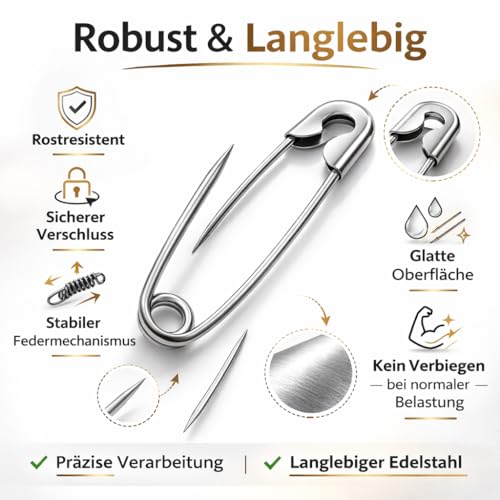 100x Stück Sicherheitsnadeln Mix - Klein & Groß - Safety pins Nadeln Set - Verbandklammern zum Nähen & Schneidern