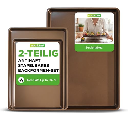 NutriChef Backblech Set 2-teilig mit Serviertablett- Antihaft Karbonstahl – Stapelbare Ofenbleche Spülmaschinenfest Hitzebeständig Bis 232°C Für Backen Braten und Servieren