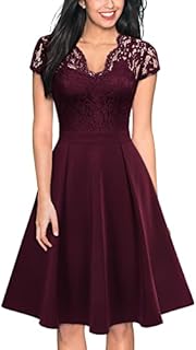 MISSMAY Women's Retro Floral Lace V-Neck Cocktail Party Swing Dress(Medium, Burgundy)