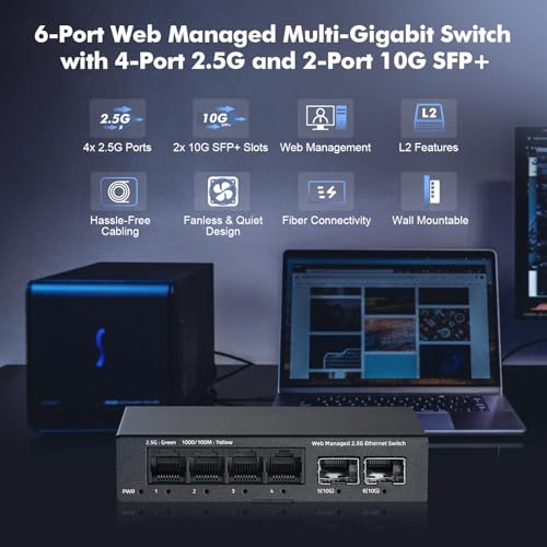 Image of 6 Port 2.5G Managed Switch, 4 x 2.5Gbps Base-T Ports and 2 x 10G SFP+ Slot, Support LACP /QOS /VLAN /IGMP, Mini Metal Fanless YuLinca 2.5Gb Easy Web Wallmount Switch