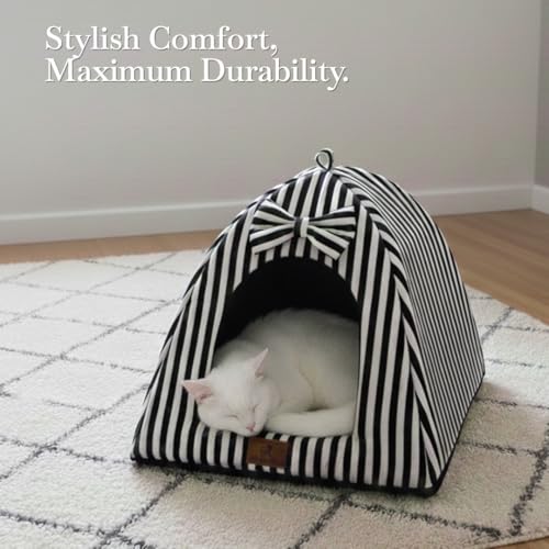 Image of PETS EMPIRE Soft Cozy Pet Hut Bed for Cats, Kittens & Puppies - Comfortable Fabric, Indoor Sleeping Bed, White & Black Stripes