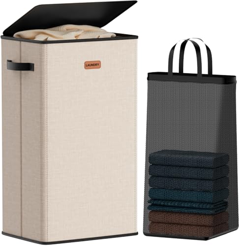 Vexalora 100L Laundry Hamper with Lid, Large Clothes Hampers with Removable Bag, Collapsible Laundry Basket for Bathroom, Bedroom, Laundry Room, Dorm, Beige by Vexalora - Used condition - CA$17.47