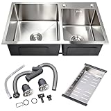DuyviSteil T-304 Modern Nano-Coated 30.7x16.9 Inch Stainless Steel Kitchen Sink, Drop in & Topmount Double Bowl Sinks with Drainage Pipes and Fruit Baskets