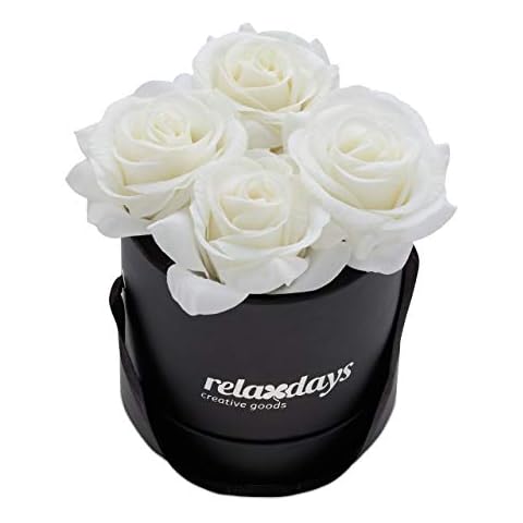 Relaxdays Rosenbox rund, 4 Rosen, stabile Flowerbox schwarz, 10 Jahre haltbar, Geschenkidee, dekorative Blumenbox, weiß, 14 x 13 x 13 cm Cover