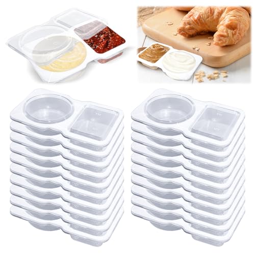 30 Pcs Double Compartment Condiment Containers with Lids, Mini Snack Containers,Disposable & Reusable 2 Compartment Snack Containers for Sauce, Dips, Snacks, Takeout, Travel, and Sampling