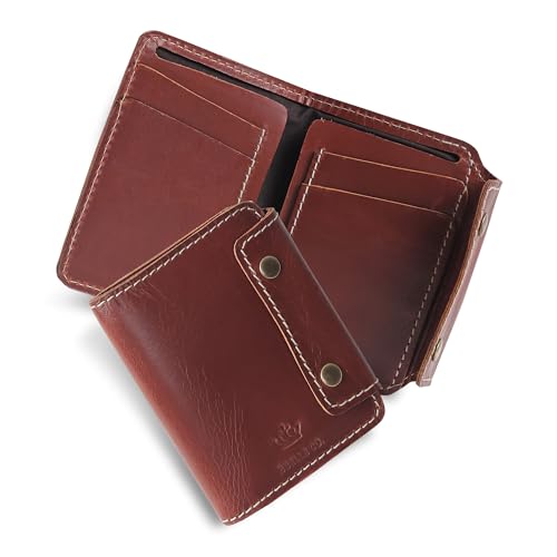 Image of Handmade Raw Leather Wallet for Men and Women | Snap Button Closure | Bifold with Card Slots and Cash Pocket | Slim Genuine Cognac Crunch Leather | Travel Office Carry | Reddish Brown