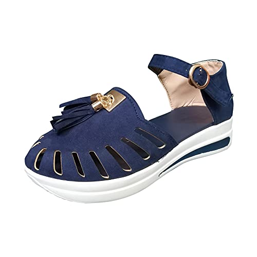 Genérico Sandalia Deportiva Mujer Sandalias Mujer Fiesta Zapatos Buckle Ladies Solid Cusual Fashion Fringe Las sandalias Wedge Femeninas tiran sandalias Sandalias con Cuña Zapatos Mujer (Blue, 40)
