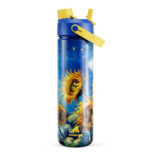 Image of POWCAN 26 oz Insulated Water Bottle with 2-in-1 Straw and Spout Lid, Keep Cold 24H, Leak-Proof, Fits in Car Cup Holder, Stainless Steel Water Bottle for Gift, Art Studio & Daily (Sunward Glow)