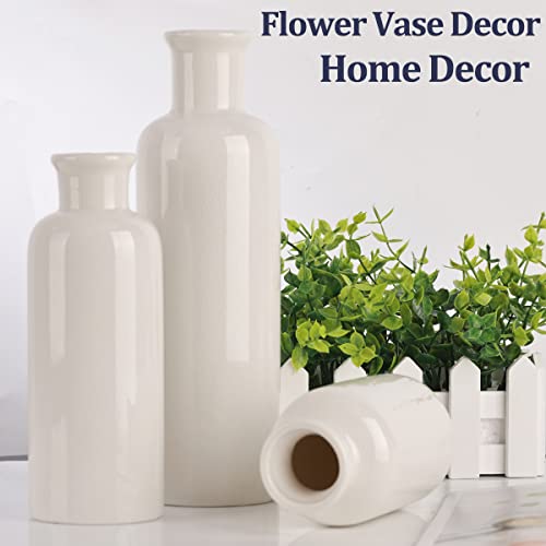 Image of White Ceramic Vase Set - 3 White Small Vases, Farmhouse Country Flower Vase Home Decor, Living Room Decoration, Table Decoration, Fireplace Decor, and Entrance Decorations Centerpieces