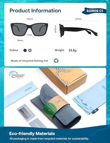 SOJOS Ocean Collection Polarized Sunglasses Men Square Recycled Fishing Net frame Eco-Friendly UV400 Shades, Pacific Ocean4