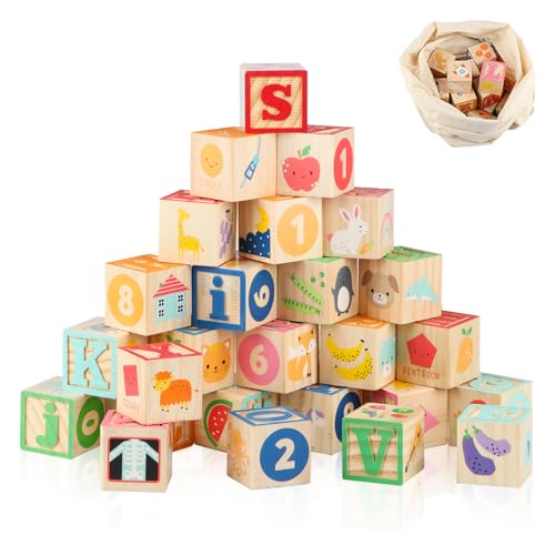 Wondertoys Blocs ABC en Bois Jeux de Construction Lettres de l'alphabet Bloc Ensemble Jouets éducatifs pour Enfants 26 pièces
