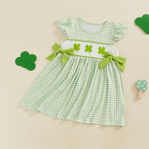 Little Girls St Patricks Day Outfit Shamrock Clover Embroidery Flutter Sleeve Smocked Dress Green Plaid Bows A-Line Dress3