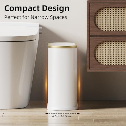 Image of KSSKSS 1.8 Gallons Small White Bathroom Trash Can with Lid, Slim Bathroom Garbage Bin, Dog Proof Trash Can with Pop-Up Lid for Bedroom,Toile, White