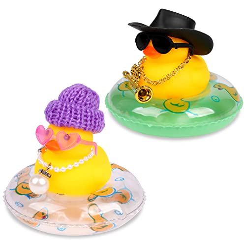 AUAUY Patito a Flote Amarillo, Paquete de 2 Juguetes de Goma con Estampado de Pato, Adornos de Coche, con Anillo de Natación, Sombrero, Instrumento de Corneta, Juguetes de Regalo para Niños y Adulto