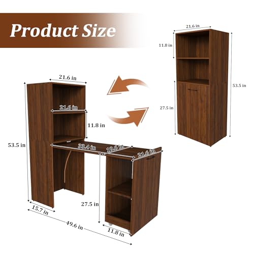 Image of Foldable Office Desk, Fold Out Convertible Hidden Murphy Computer Desk with Storage Shelves, Multi-Function Folding Writing Table for for Small Spaces, Home Office (Walnut)