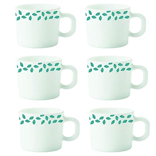 Borosil Larah Blue Leaves Opalware Cup Set (White, 100 Ml) - 6-Pieces