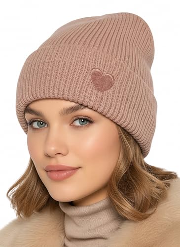 Baesics Wintermütze Rosa mit Herz Damen Herren Unisex weiche kuschelige Strickmütze Beanie elastisch und warm One Size für Herbst und Winter Alltag und Outdoor Geschenk Frauen Männer