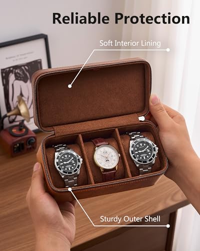 ProCase Étui de Voyage pour 3 Montres, Boîte à Montres Rigide avec Doublure Douce et Fermeture Éclair, Protection Élégante et Compacte -Marron – vue 3