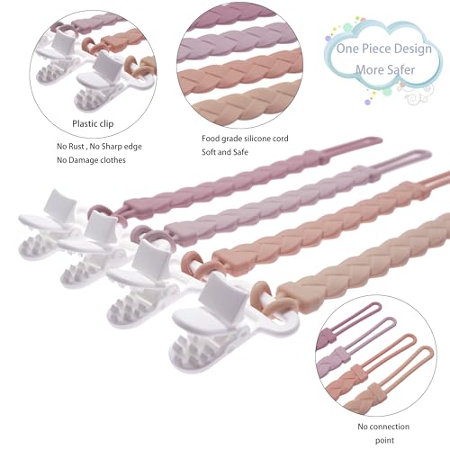 Image of Silicone Pacifier Clips Baby Boys Girls, 4-Pack Flexible Woven Rope Braided Pacifier Clip Holder for Teething Relief and Baby Essentials, Newborn Paci Binky Clips (Girl's Color)