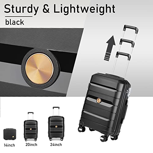 Somago 3 Pieces Luggage Set(14/20/24) PP Lightweight 4 Double 360 Degrees Mute Spinner Wheels Suitcase with TSA Lock & YKK Zipper (Classic Black)2