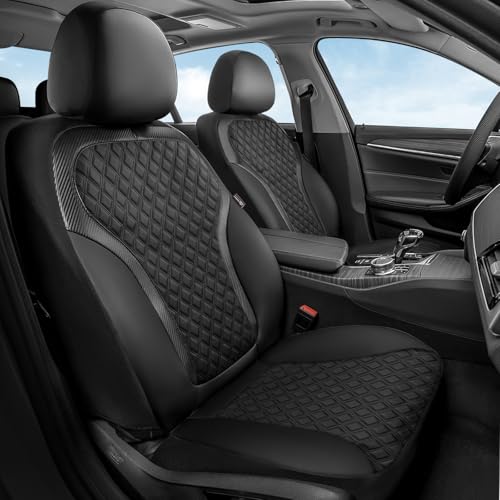 Image of Coverado Front Seat Covers, 2-Pack Luxury Diamond Leather Car Seat Cover with Carbon Fibre Weave, Spill-Proof Driver Car Seat Protectors, Waterproof Seat Covers Universal Fit for Most Cars, Black