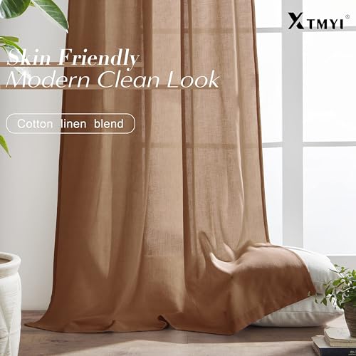 Image of XTMYI Terracotta 90 Inch Length 2 Panels Back Tab /Hook Belt Linen Cotton Sheer Curtains for Bedroom Set