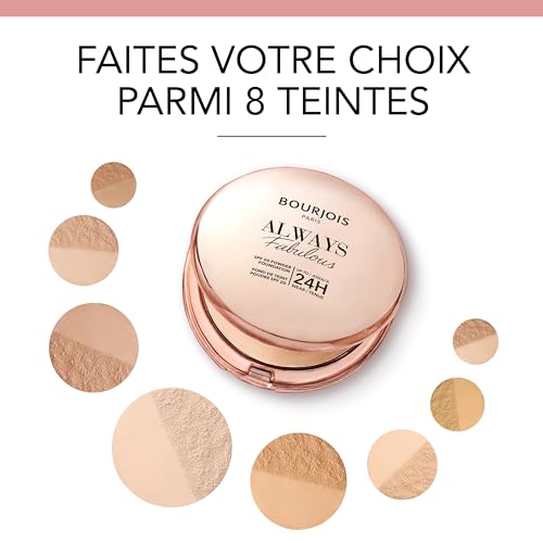 Bourjois Always Fabulous, 410 Golden Beige, poudre de teint, formule légère, tenue longue durée jusqu’à 24 h, SPF 20, acide hyaluronique, fini mat naturel, 7 g