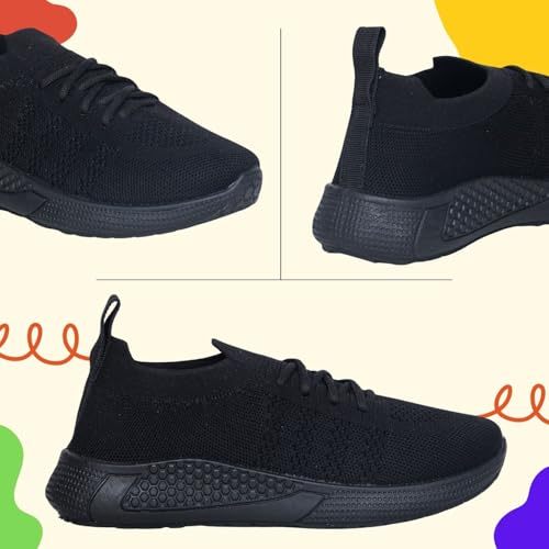 Image of TRASE Black School Shoes for Boys & Girls | Slip-On Lace-Up Design with Flexible Sole | Lightweight & Breathable Knitted Upper | All Day Comfort