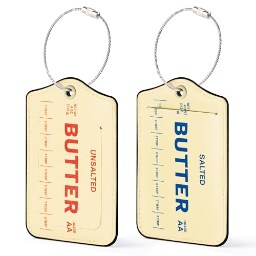 Laffact Butter Stick Luggage Tag - 2Sets Funny Kitchen Inspired Airport ID Badge Tag Double Fabric PU Leather Luggage Label Information Card Steel Loop for Suitcases Handbags Backpacks Birthday Gifts