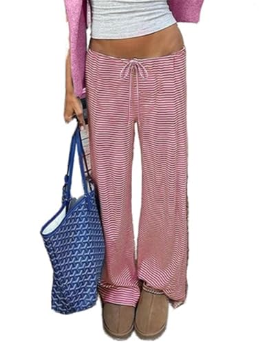 OLAMIOSO Red and White Striped Pajama Pants Women, Women Y2k Track Pants Baggy Striped Joggers, Women's Pajama Casual Stripe Print Drawstring Lounge Wide Leg Pant (Red, S)
