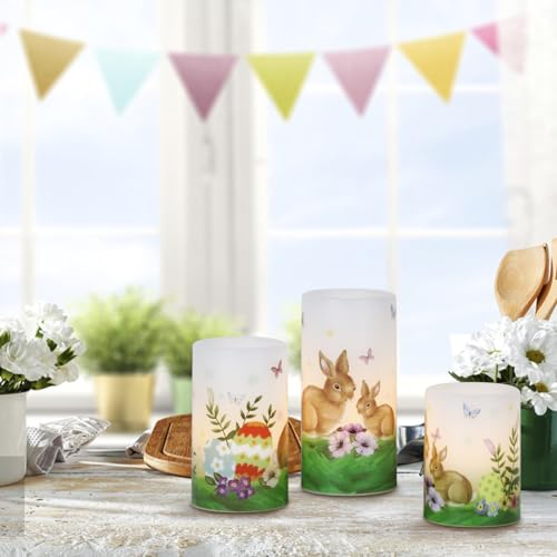 Image of Easter Bunny Flameless Flickering Candles with 6 Hour Timer, Battery Operated Real Wax White LED Pillar Candles Warm Light Dinner Table Home Decor(3 x 4,5,6 Inches)