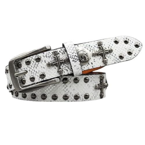 Western Studded Belt for Women Men, Engraved Cross Skull Head Round Rivet Shining Sequin Leather Punk Waist Strap(105cm/41, White)