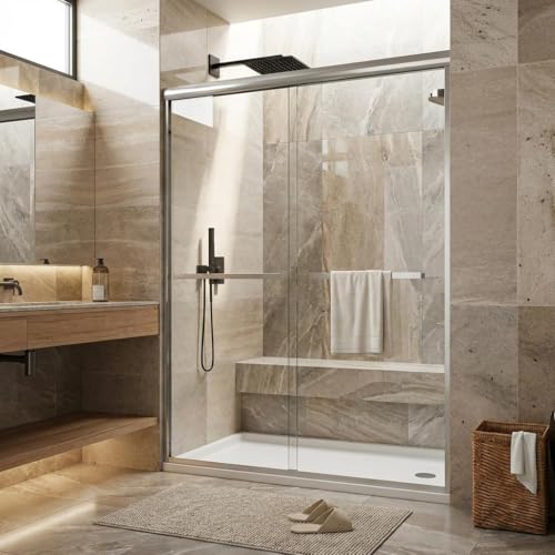 Image of 56-60 inch W x 72 inch H Double Sliding Shower Door, 8mm Tempered Glass with Easy-Clean Coating, Smooth Rollers & Aluminum Frame, for Bathtub /Shower Enclosure, Brushed Nickel