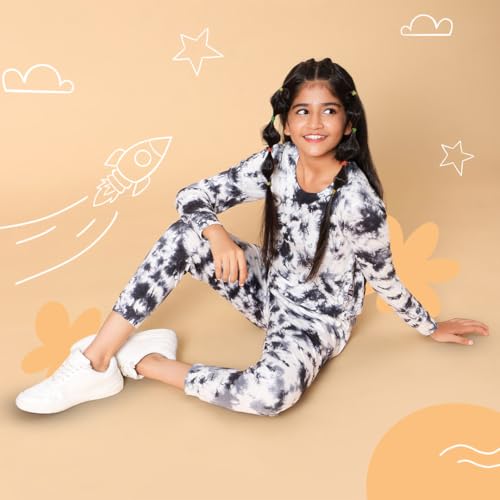 Image of TeenTrums Tie Dye Black Co-ord Set with Boat Neck Tshirt & Joggers, 100% Cotton, Fashion for Youth, Stylish Teen Fashion Collection, Tie Dye Set of Top & Bottom for Girls, Age 05 to 16 Years
