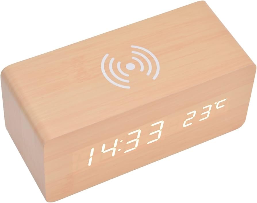 Image of Wooden LED Digital Alarm Clock with Wireless Charging, Smart and Modern Bedside Desk,Table Clock for Bedroom, Office, and Home Decor