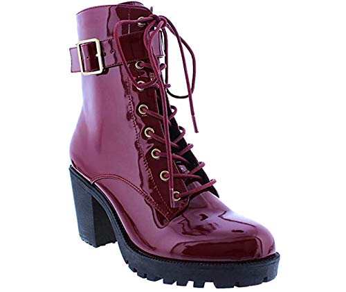 Liliana Women Patent Lace Up Buckle Lug Sole Platform Ankle Boot