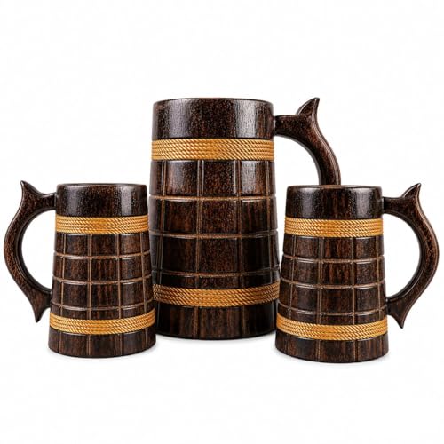Image of Wooden Beer Bar Combo Set | Barrel Shaped Jumbo Mug | 2 Small Beer Mug 300ML (5 x 4 inches Each) & 1 Large Beer Jug 750ML | Barfi Design