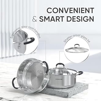 SUNHOUSE - 4.6 Quart Steamer Pots With Lid 2-Tier Multipurpose Stainless Steel Steaming Pot Cookware With Handle For Vegetable, Dumpling, Sauce, Food - Triple Bottom, Measurement Line