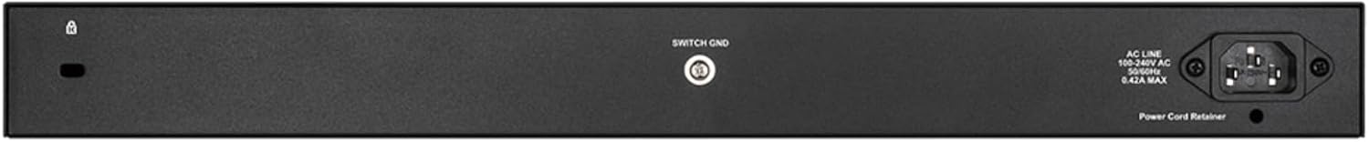 Traseira view of the D-Link DGS-1210-28 switch, showing the power inlet and grounding point.