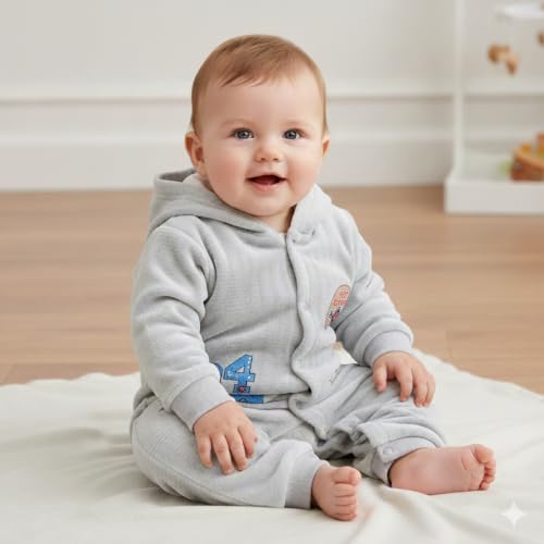 Image of Bold N Elegant Cartoon Bear Warm Winter Fur Wool Full Sleeve Footless Baby Romper with Hood, Front Button Bodysuit for Newborn Infant Baby Boy Girl