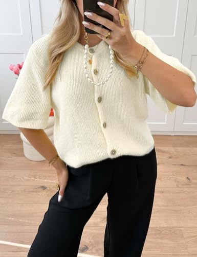Image of Wyeysyt Womens Cropped Knitted Cardigan Y2K Short Sleeve Button Down Sweater Cardigan Shirt Casual Solid Color Ribbed Outwear