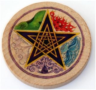 Authentic Pentagram Elements Wooden Altar Tile - 5cm diameter (2 inches) - Crafted by Pagan Witch with COA
