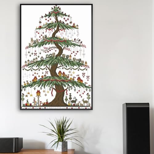 Image of Qeerysew Cross Stitch Kit Stamped Full Range of Embroidery Starter Kits for Beginners DIY- Printed kit Christmas Tree (2) (Printed) 14CT 18.9x25.98 inches