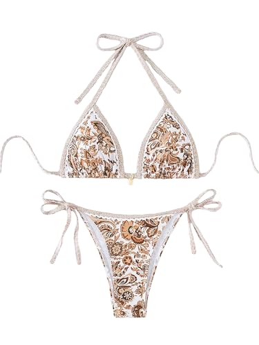 Image of BYFINECANY Women's Floral Printed Bathing Suit Halter Paisley Summer Swimsuit Bikinis Set