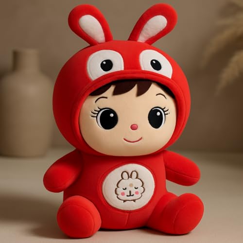 Image of Cute Baby Girl Plush Doll Soft Toy (30 cm, Red) | Soft & Huggable Stuffed Doll for Kids, Toddlers & Girls | Birthday Gift & Bedtime Toy