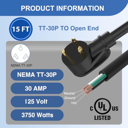 Image of Nilight 30 Amp 15FT RV Replacement Power Cord 3-Prong Extension Cable