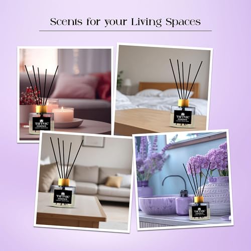 Image of Lavender Reed Diffuser Set by Tattvic Essence | 6 Fiber Reed Sticks Free | Stress Relief & Aromatherapy | Long-Lasting, Smoke-Free Air Freshener for Home, Bedroom & Office | Ideal for Gifting | 120ml