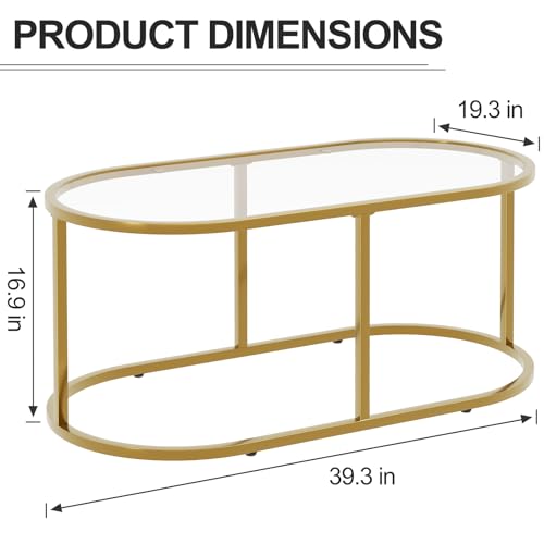 Gold Tempered Glass Oval Coffee Table, Sturdy Metal Frame, Living Room Bedroom Office