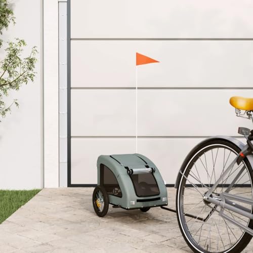 vidaXL Fahrradanhänger für Hunde, Hundeanhänger mit Reflektoren Flagge, Hundetransporter Maximale Belastbarkeit 30kg, Grau Oxford-Gewebe Eisen