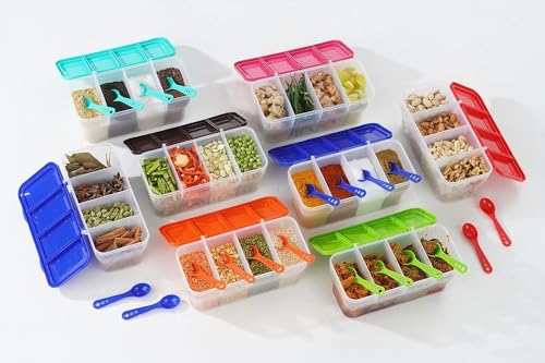 Image of Multipurpose 4 in 1 Masala Box for Kitchen | Airtight Transparent 4 Compartment Spice & Dry Fruits Storage Container with 4 Spoons, 1800ml (Multicolor)